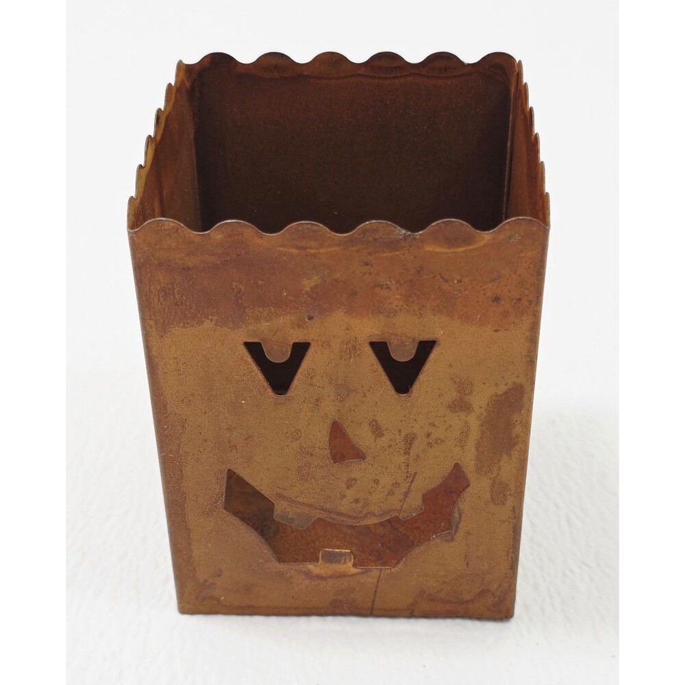 Vintage Rusty Metal Jack O' Lantern Luminary Rustic Halloween Tin Candle Holder